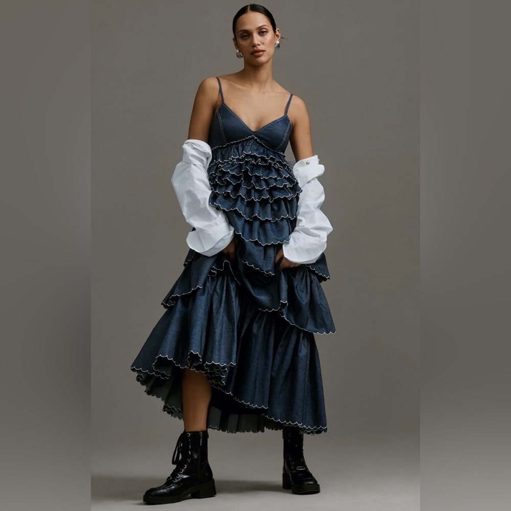 Geisha Designs V-Neck Tiered Denim Dress